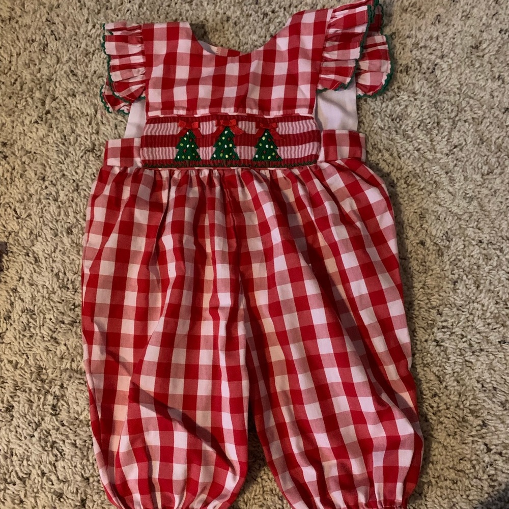 9month Christmas smocking pants romper